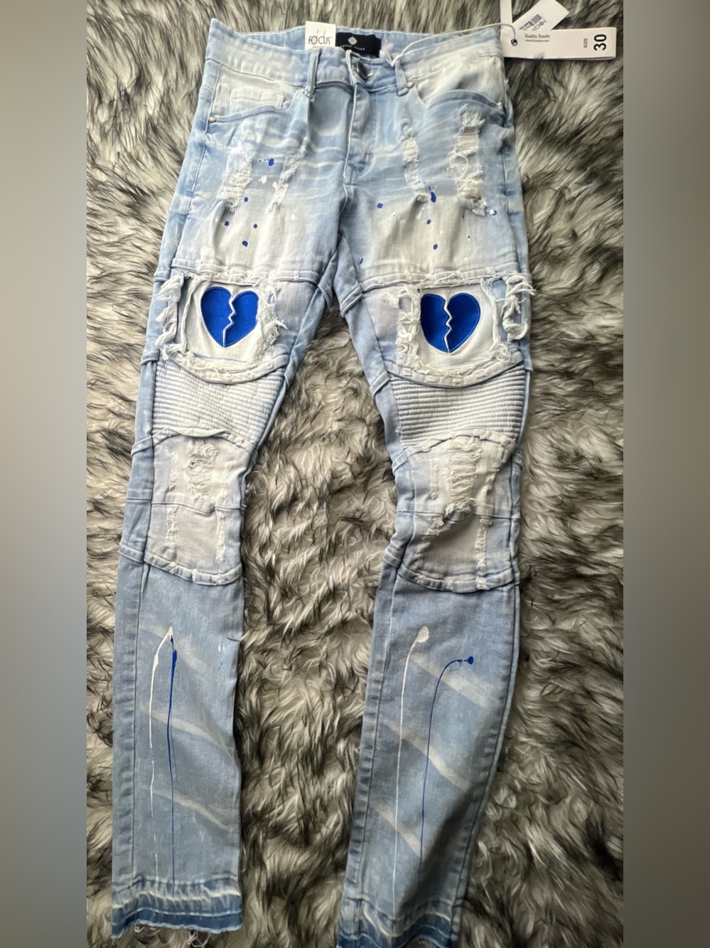 FOCUS HEART JEAN 3201 HEART KHAKI / BLUE Ripped Light Wash Jeans with Blue Broke